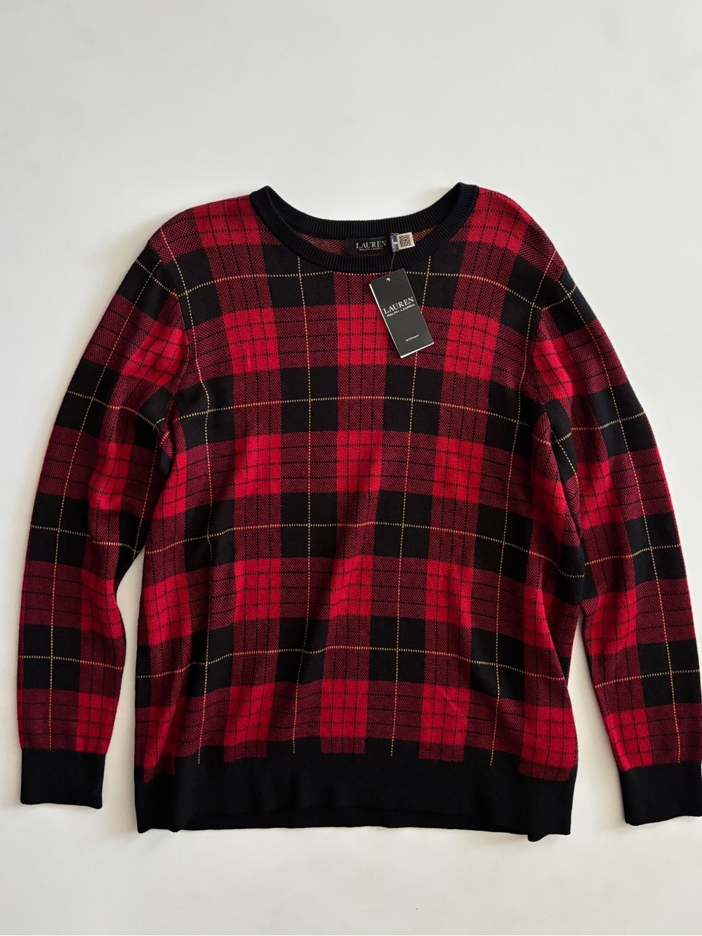 Lauren Ralph Lauren Women's Sweater Red Plaid Cotton Blend Nwt